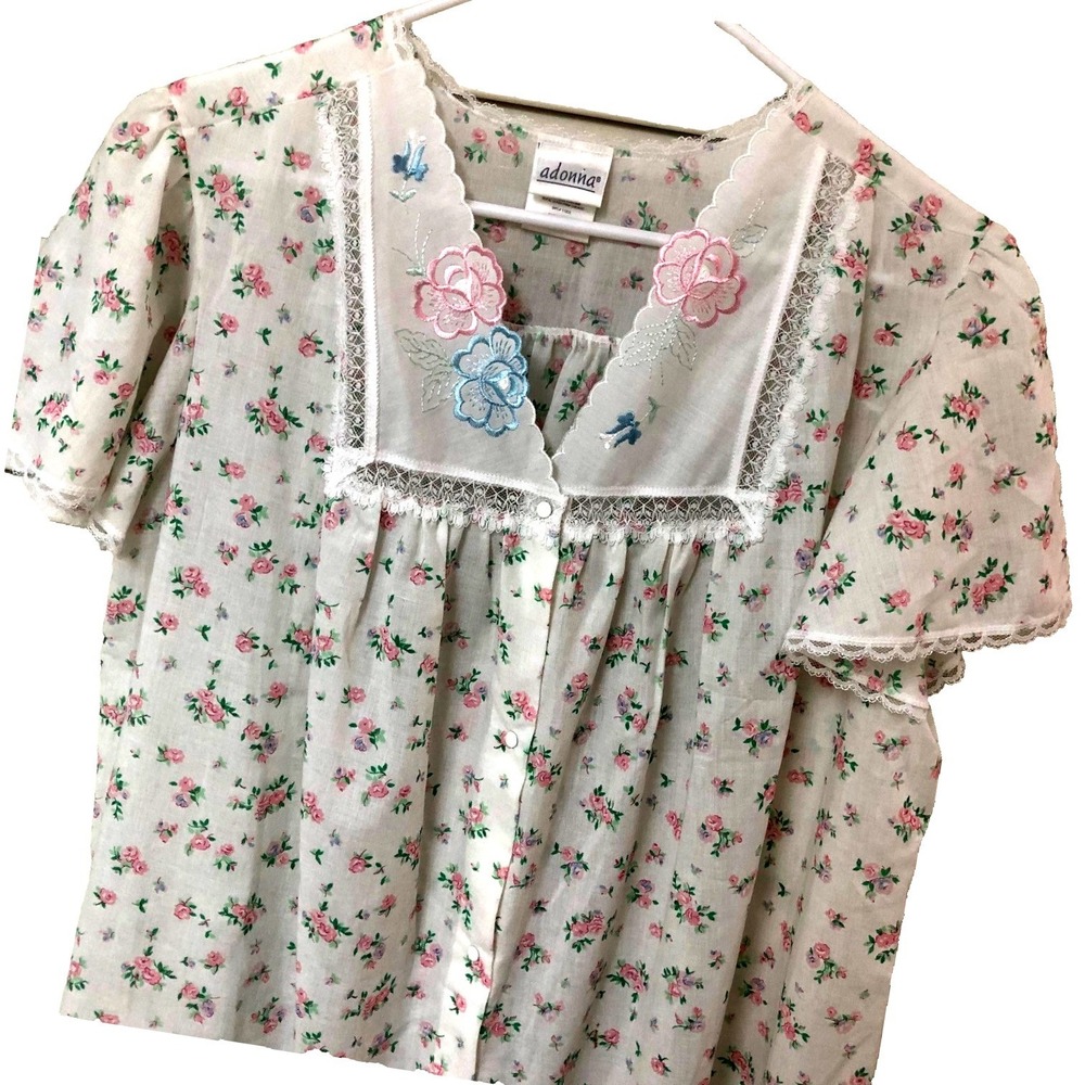 Adonna Nightgown Robe Set Women M Embroider Lace Roses USA Grandma‎ Core Fairy